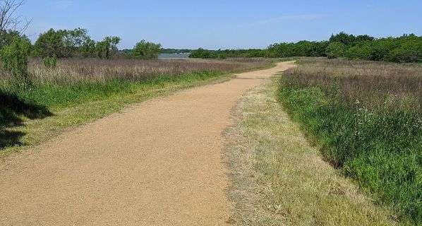 A flat dirt/gravel path through a field, with trees in the distance.