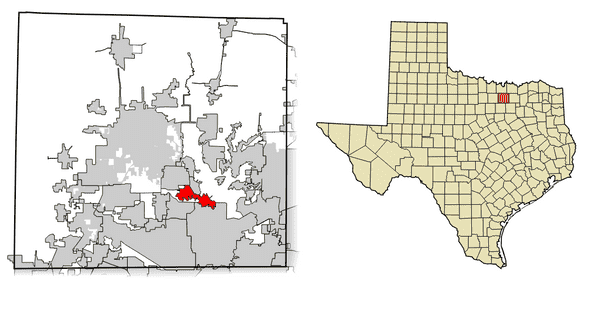 Zoomed-in and zoomed-out maps side-by-side of Hickory Creek in Texas, highlighted in red.