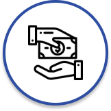 Circular icon with outline of one hand holding a dollar, giving it to an empty hand below it, facing other direction.