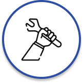 Circular icon with an outline of a hand holding a wrench.