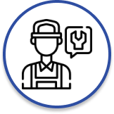 Circle icon showing outline of a technician and speech bubble containing outline of a wrench.