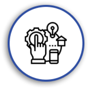 Circular icon with outline of a hand selecting a gear image, which is in a small circle along with images of lightbulb, house, and phone.