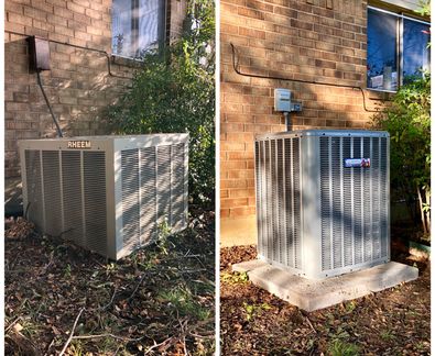 Side-by-side pictures of HVAC units outside a brick home.