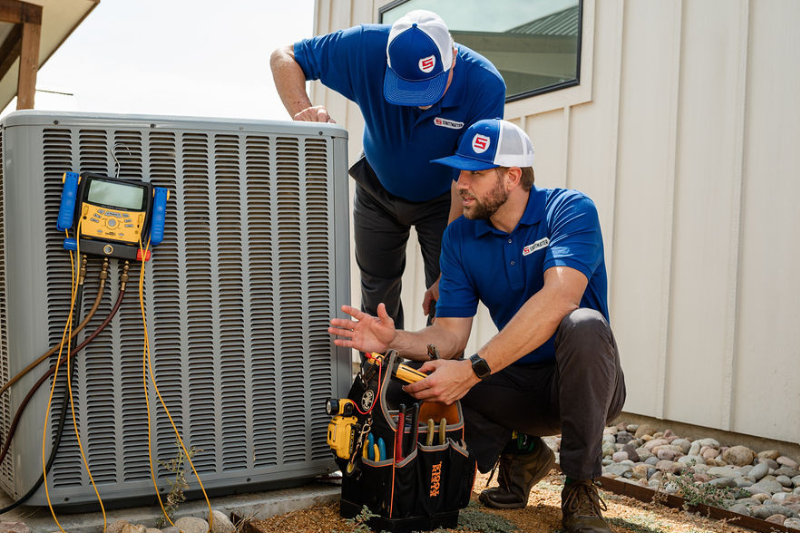 Two HVAC technicians working on an outdoor HVAC unit next to a white home.