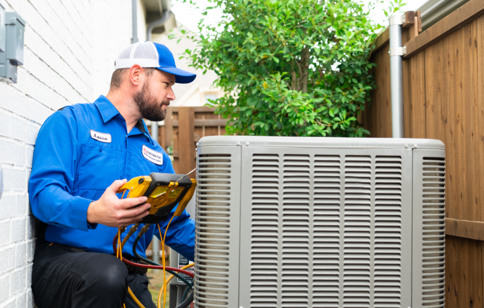 Technician performing AC service and safety inspection.