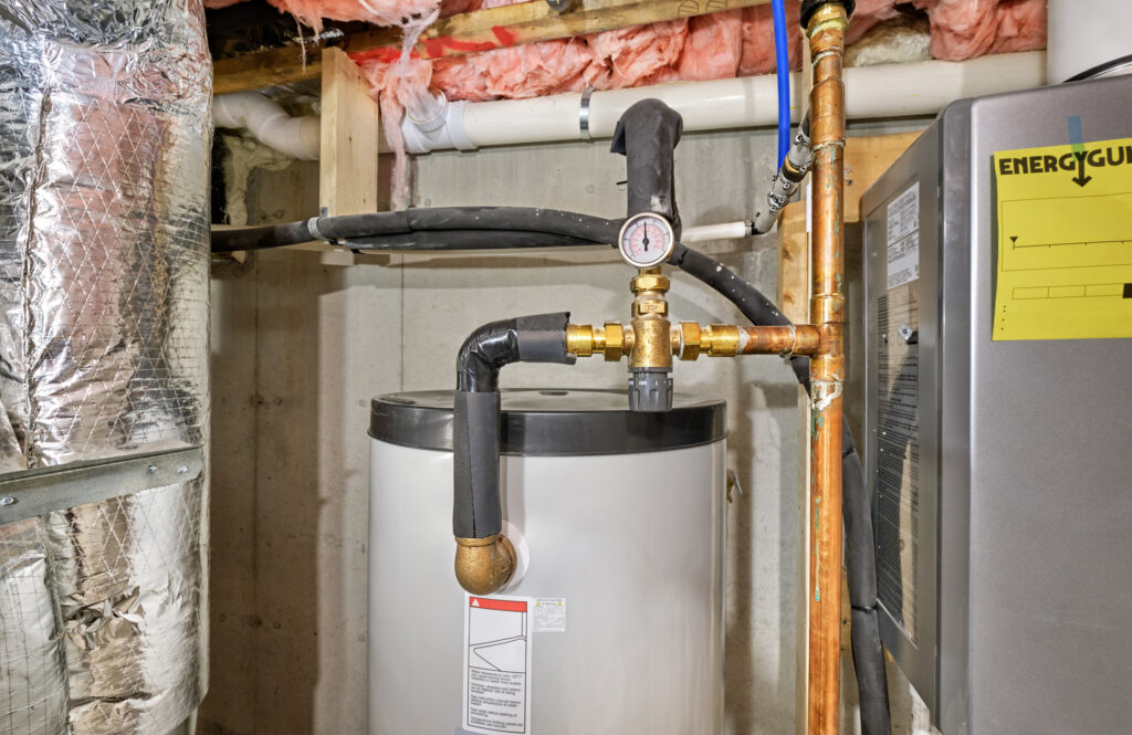 Gas water heater in a residential basement.